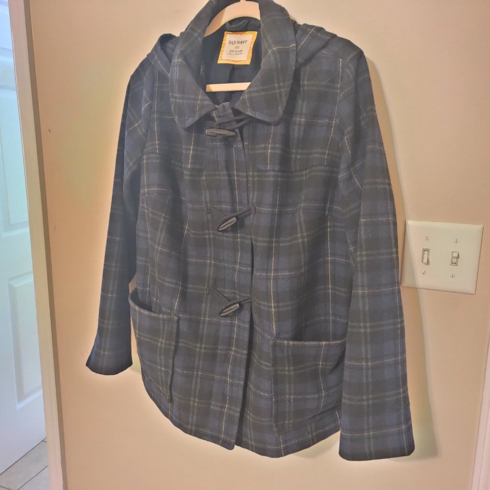 Hooded navy plaid peacoat